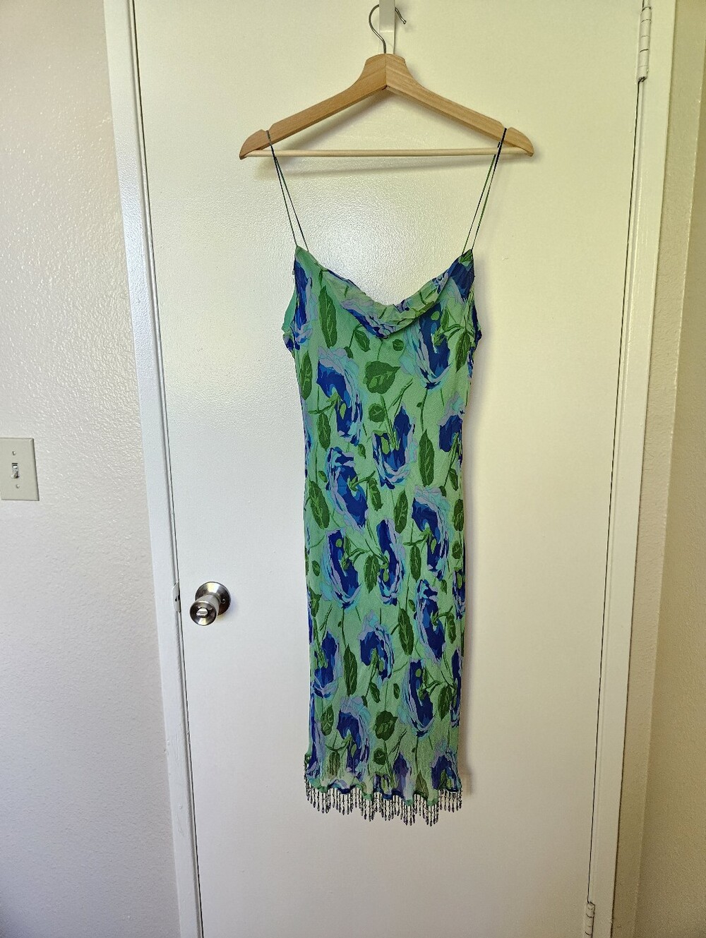 Vintage Betsey Johnson Green Slip Dress with Blue Floral Print and Beaded Fringe
